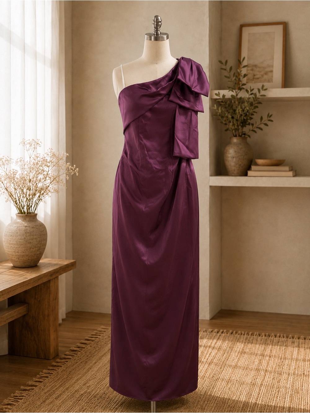 NWT Amazon One-Shoulder Deep Plum Satin Evening Gown, Size 10